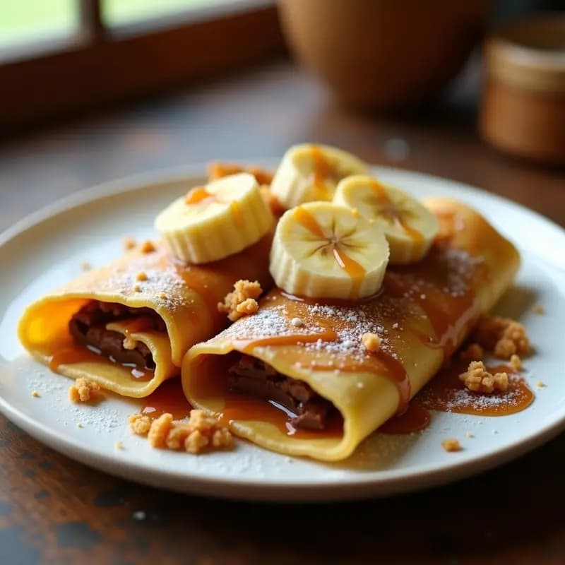 Crepes Rellenos de Nutella, Plátano y Bizcocho Triturado con Sirope de Caramelo: Postre Francés de Escándalo