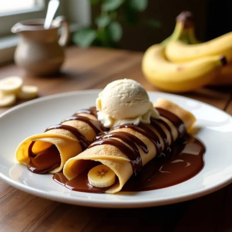 Crepes de Nutella y Plátano con Baño de Chocolate y Helado: Postre Francés Decadente