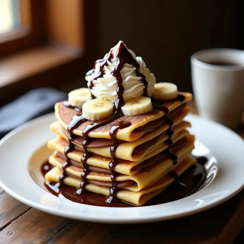 Crepes Dulces Rellenos de Nutella, Plátano y Nata Montada con Sirope de Chocolate