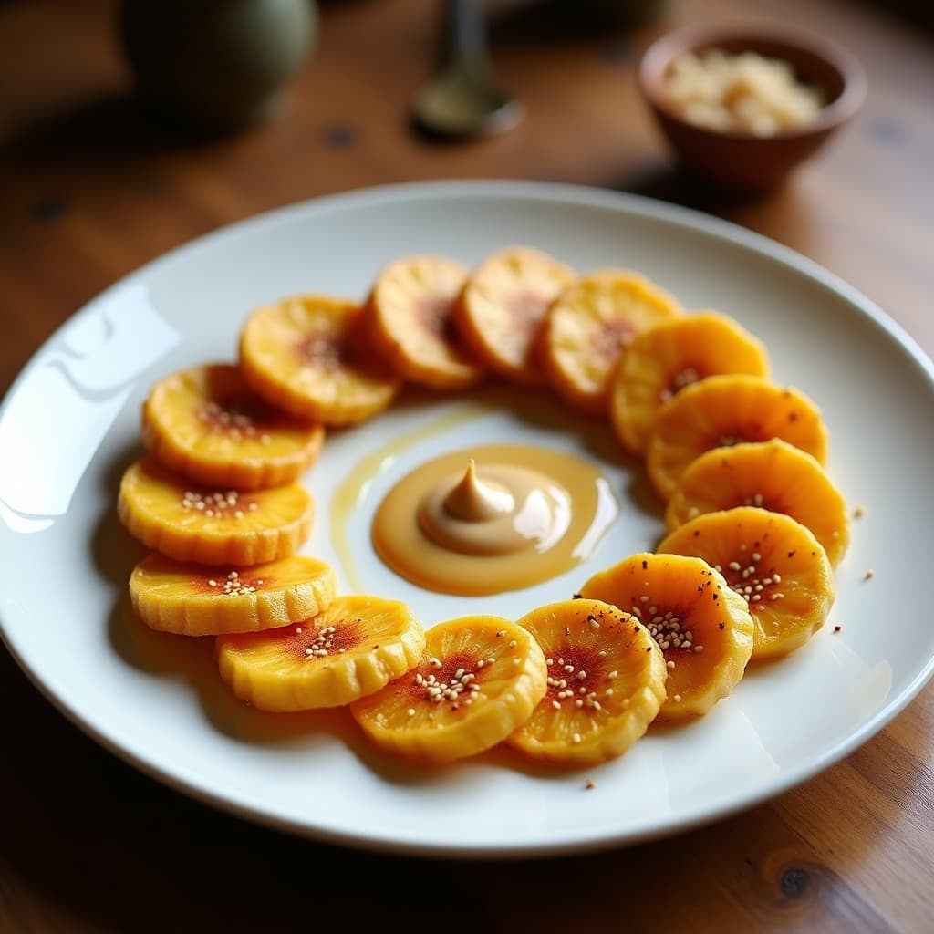Crocante de Plátano Macho con Salsa de Cacahuete y Miel de Agave: Postre Colombiano Vegano