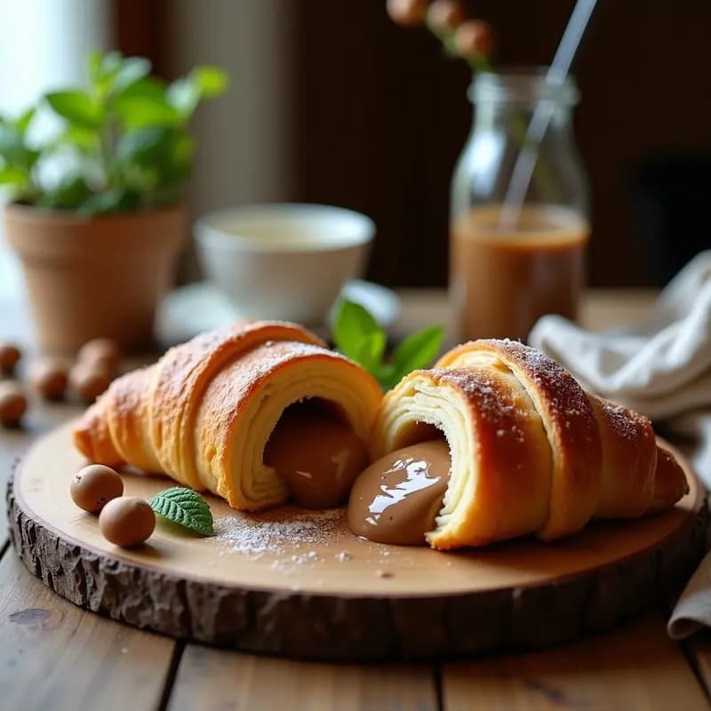 Croissant de Masa de Hojaldre Integral Relleno de Crema de Avellana: Desayuno Francés Sin Azúcar