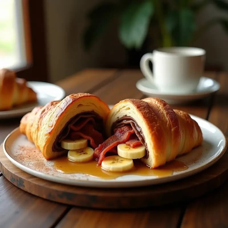 Croissant Relleno de Nutella, Plátano y Tocino Crujiente: Desayuno Francés con Toque Americano