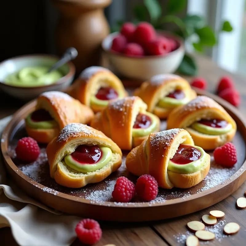 Croissants de Masa Hojaldrada Rellenos de Crema de Pistacho y Frambuesa: Desayuno Francés Gourmet