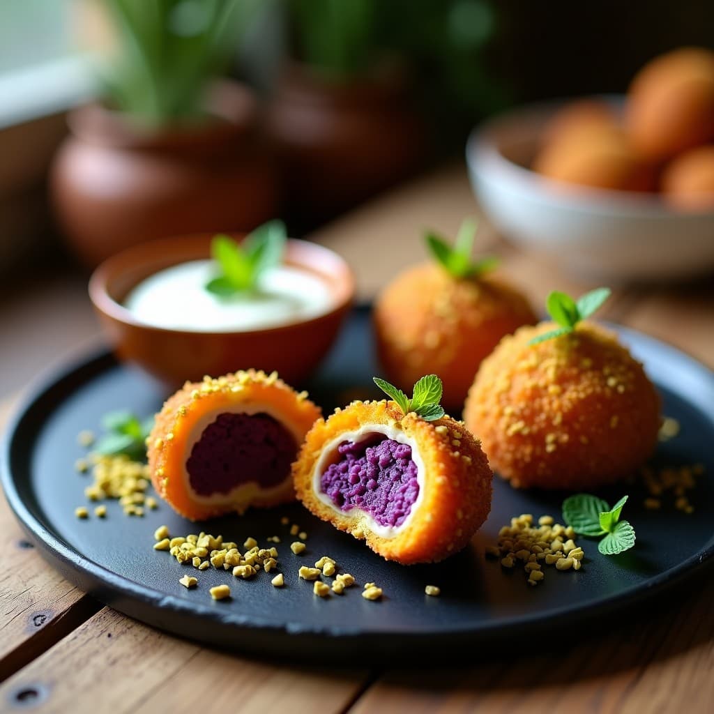 Croquetas de Batata Morada y Queso de Oveja con Crujiente de Pistacho: Aperitivo Español Gourmet