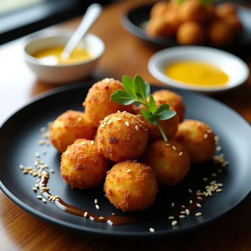 Croquetas de Cañihua y Champiñones con Salsa de Mostaza y Miel: Aperitivo Andino Crujiente