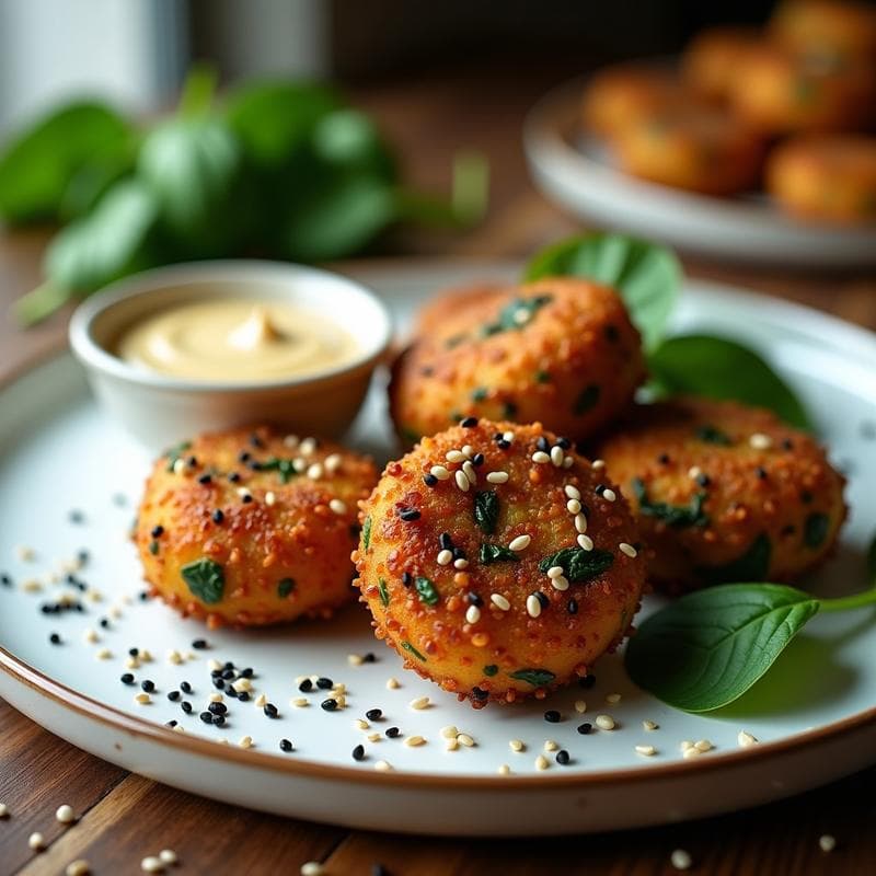 Croquetas de espinacas y ñame con rebozado de semillas de sésamo: Receta Vegana en Airfryer