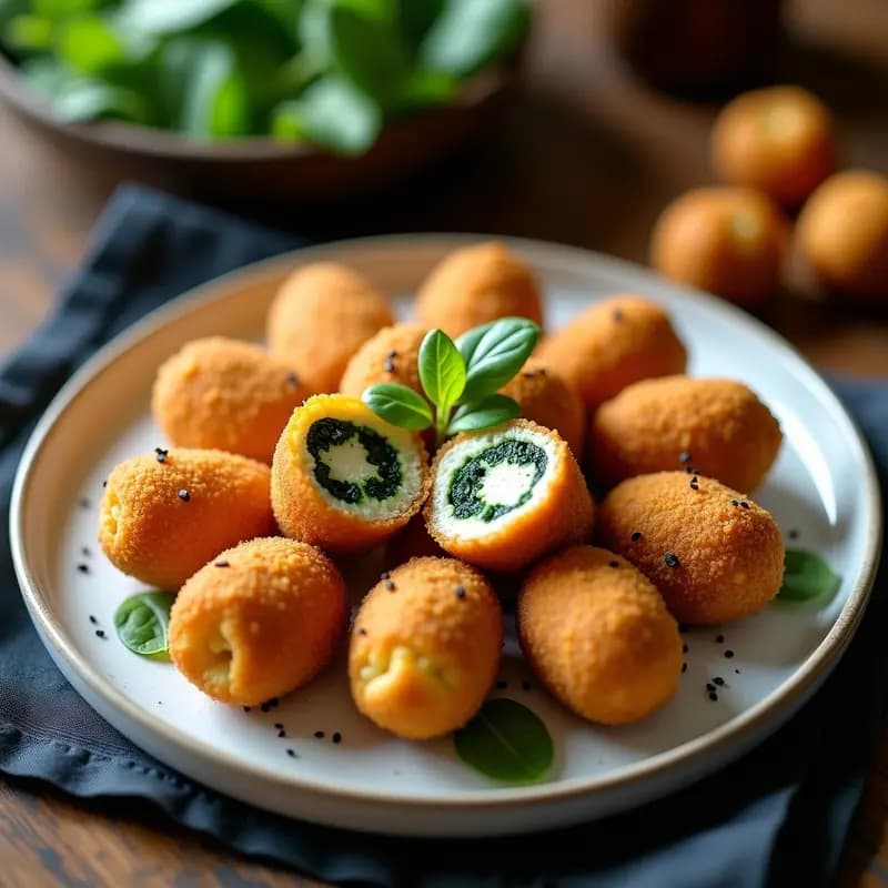Croquetas de Espinacas y Queso Azul con Cobertura de Panko y Sésamo Negro: Crujientes y Cremosas