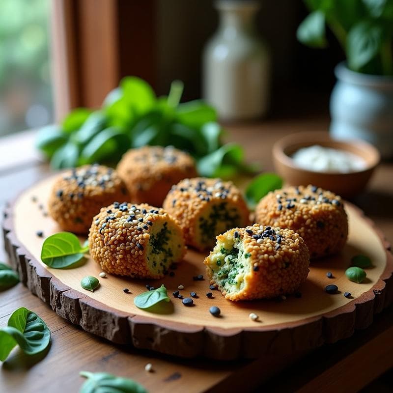 Croquetas de Espinacas y Tofu con Cubierta de Semillas de Sésamo: Receta Crudivegana Sin Horno