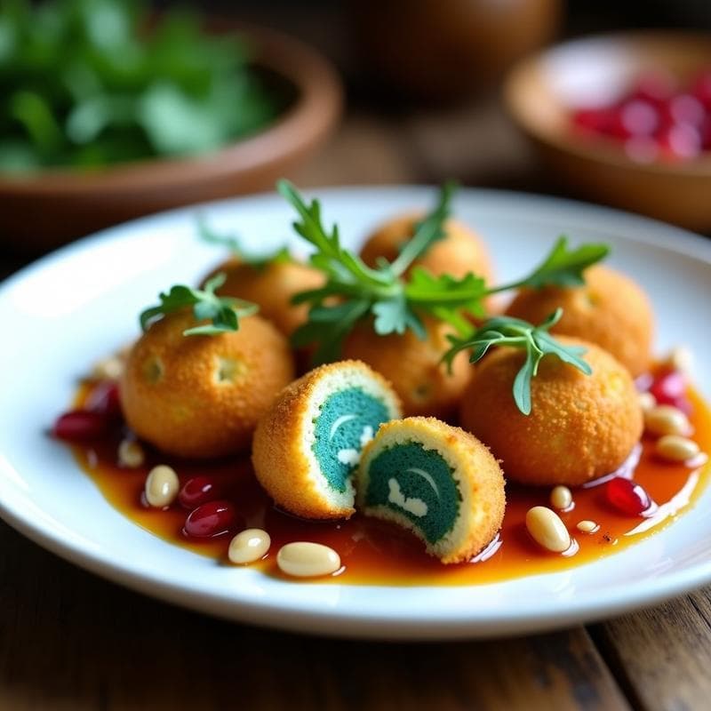 Croquetas de Espirulina y Queso Azul: Aperitivo Español con Salsa de Nueces