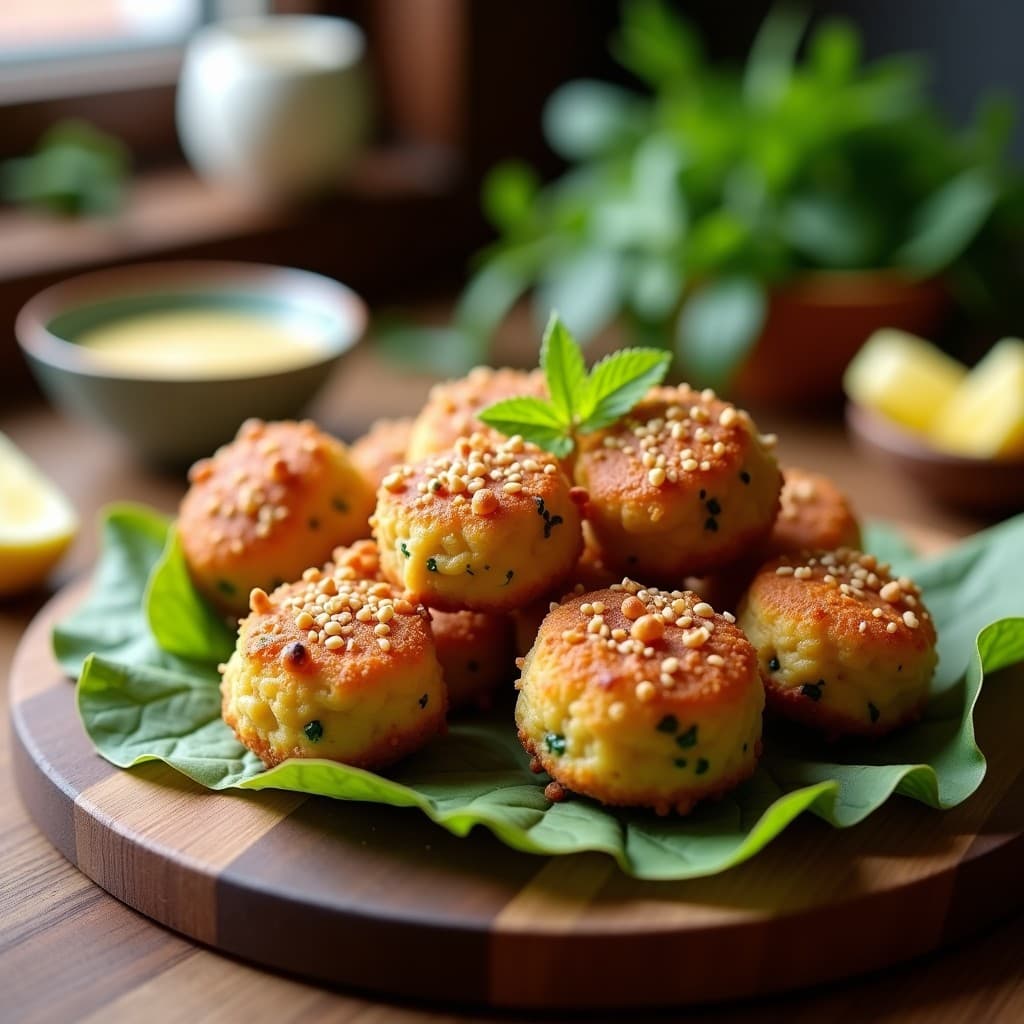 Croquetas de Garbanzo y Espinacas con Cobertura de Tahini y Sésamo: Aperitivo Vegano Crujiente