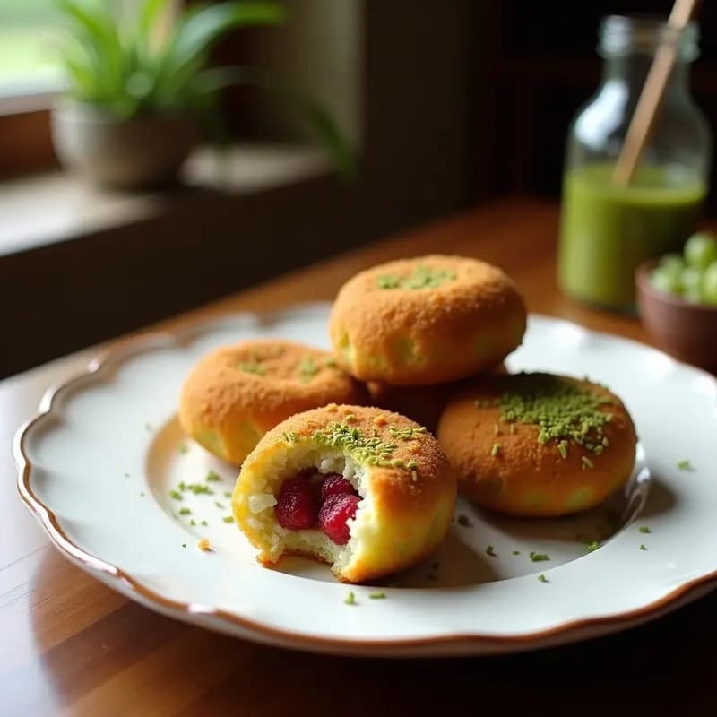 Croquetas de Matcha y Coco con Relleno de Mermelada de Frambuesa: Aperitivo Japonés Dulce