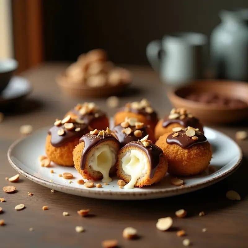 Croquetas de Pollo y Queso con Baño de Chocolate con Leche y Virutas de Almendra