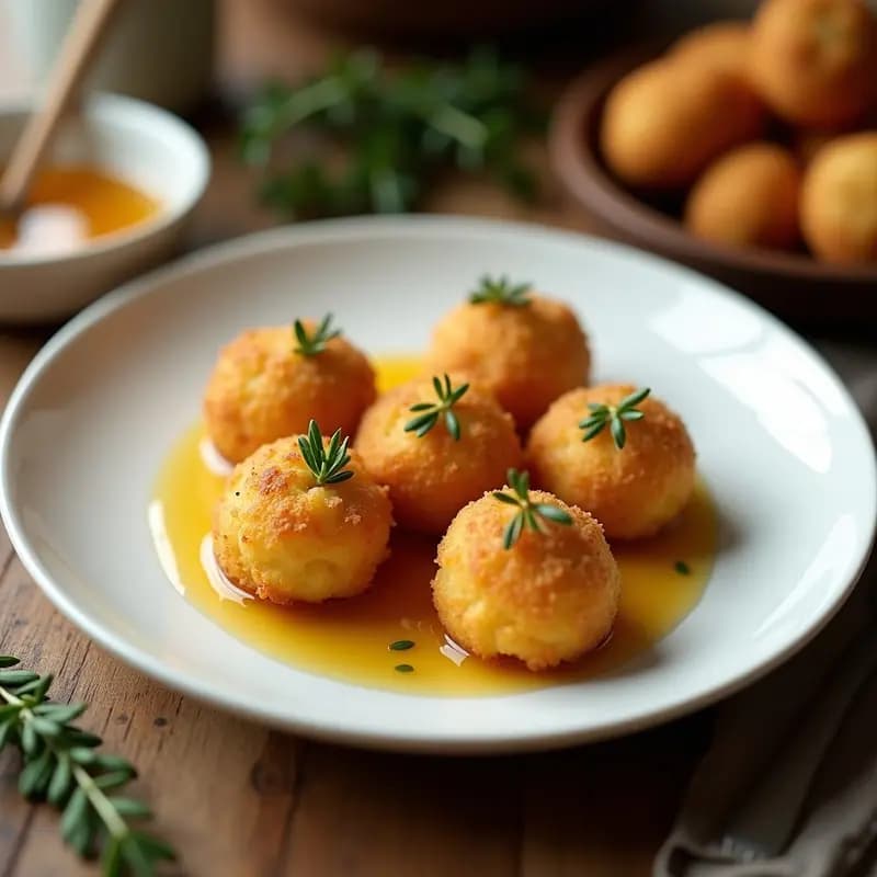 Croquetas de Puré de Apio Nabos y Queso de Cabra con Miel de Tomillo: Aperitivo Francés Gourmet
