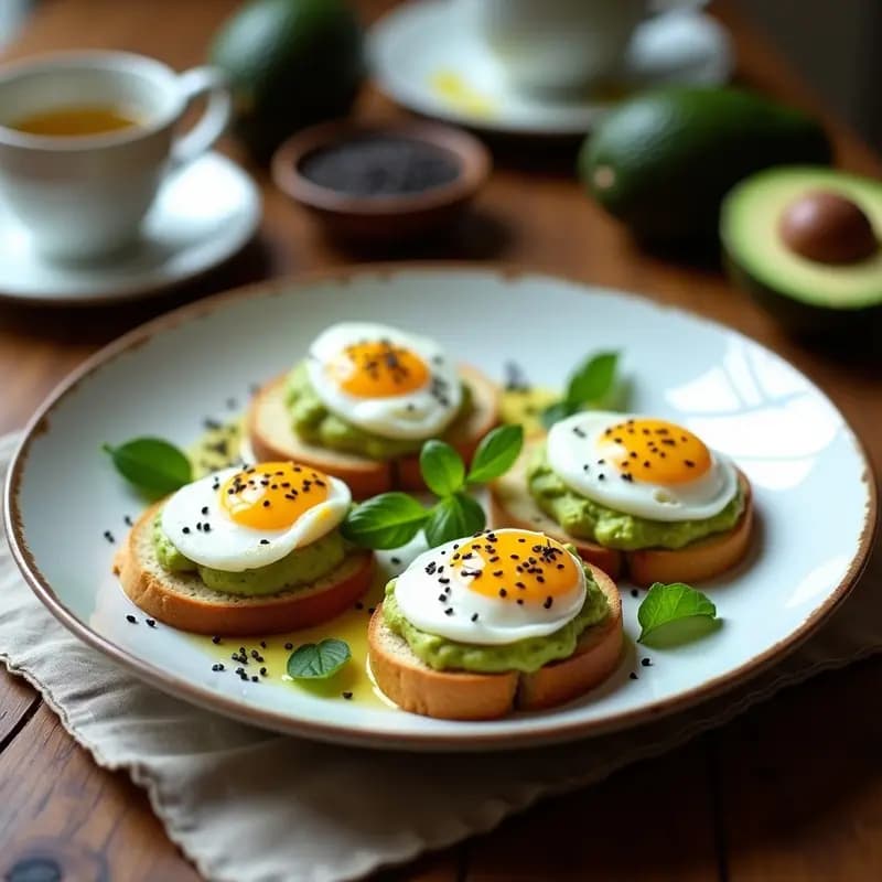 Crostini de Aguacate y Huevos Pochados con Semillas de Sésamo: Desayuno Italiano Proteico