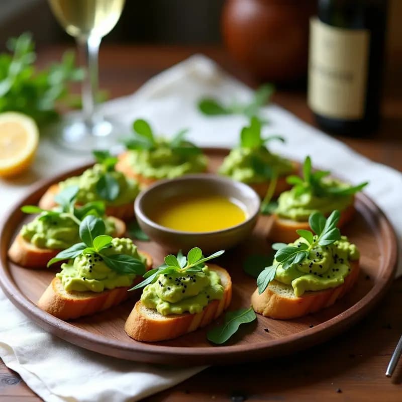 Crostini de Aguacate y Rúcula: Aperitivo Italiano Vegano con Vinagreta de Limón