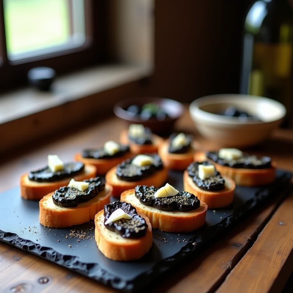 Crostini de Pan de Ajo Negro con Pâté de Aceitunas Negra y Anchoa: Entrante Español Umami