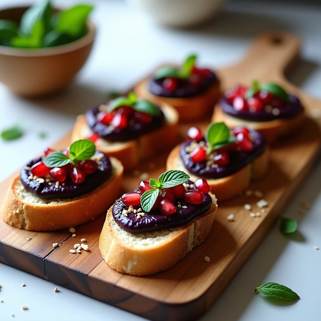 Crostini de Pan de Avena con Puré de Berenjena Ahumada y Granado: Aperitivo Iraní Vegano