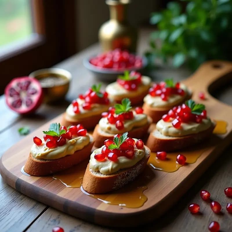 Crostini de Pan de Centeno con Crema de Berenjena Ahmed y Granada: Aperitivo Árabe Vegano