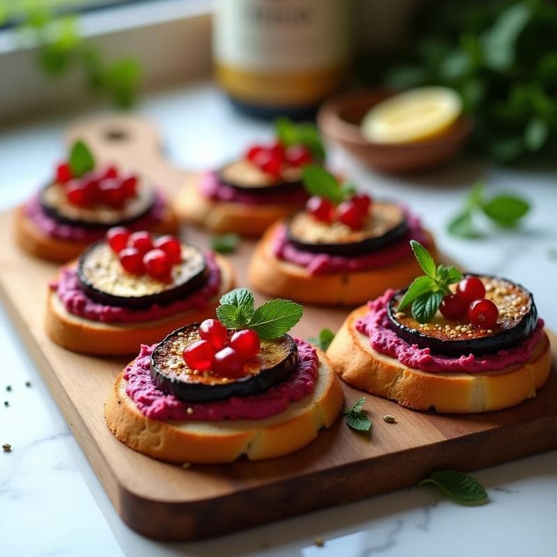 Crostini de Berenjena Asada y Hummus de Betabel: Aperitivo Líbano Vegano y Crujiente
