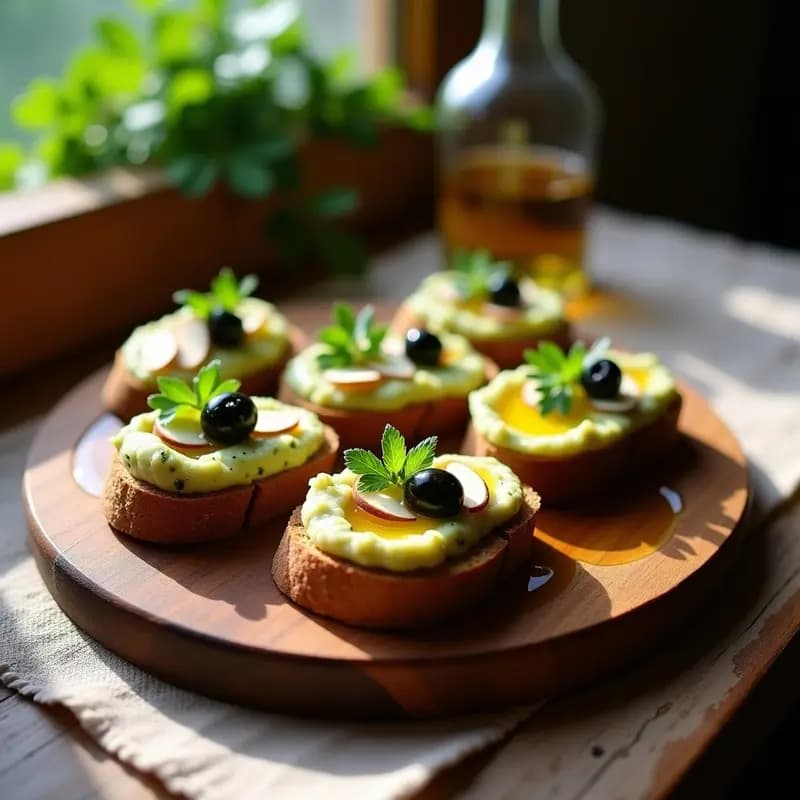 Crostini de Pan de Centeno con Puré de Alcachofas y Aceitunas Negras: Entrante Italiano Sin Gluten y Gourmet