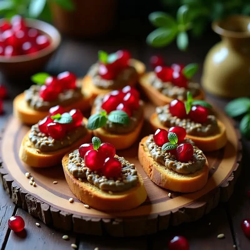 Crostini de Pan de Centeno con Puré de Berenjena Ahumada y Granados: Entrante Libanés Vegano