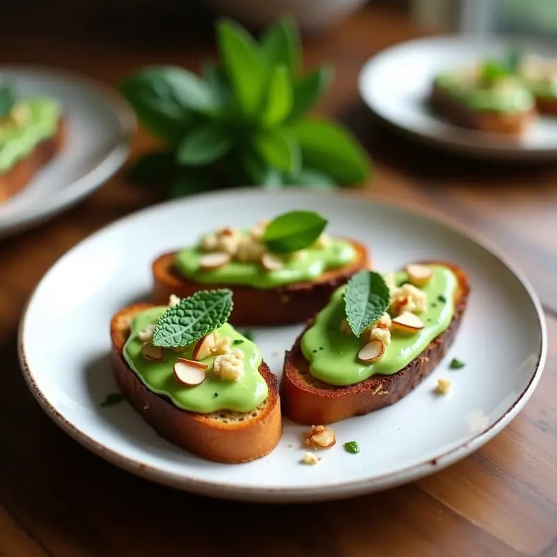 Crostini de Pan de Centeno con Puré de Guisantes y Mentol: Aperitivo Francés con Toque Fresco