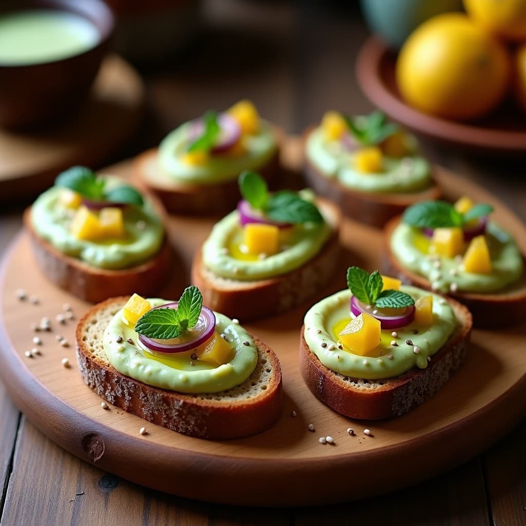 Crostini de Pan de Centeno con Puré de Habas y Limón Confitado: Aperitivo Árabe Vegano