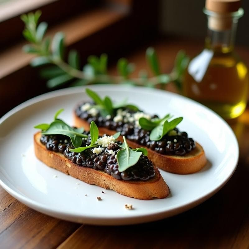 Crostini de Pan de Centeno con Puré de Lentejas Beluga y Trufa: Aperitivo Gourmet en 15 Minutos