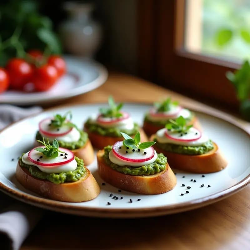 Crostini de Pan de Centeno con Pesto de Rábanos y Queso de Anacardos: Aperitivo Crujiente
