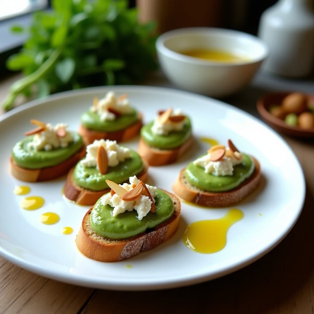 Crostini de Pan de Espelta con Puré de Berros y Aceite de Pistacho: Aperitivo Francés Sin Gluten