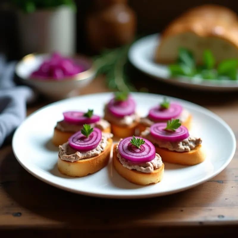 Crostini de Pan de Espelta con Hígado de Paté y Cebolla Morada: Aperitivo Francés Sin Lactosa