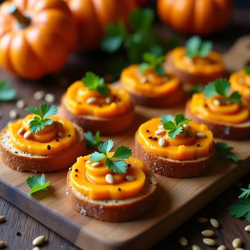 Crostini de Pan de Espelta con Puré de Calabaza y Semillas de Calabaza: Aperitivo Otoñal Vegano