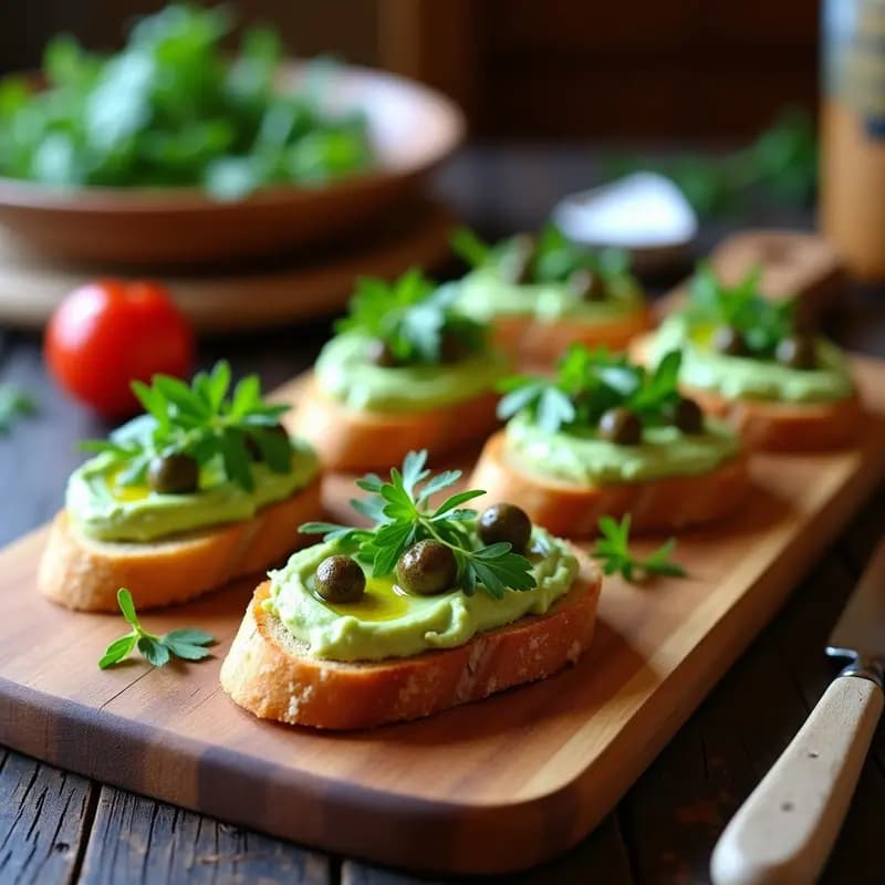 Crostini de Pan de Espelta con Puré de Habas y Anchoas Veganas: Aperitivo Italiano Gourmet