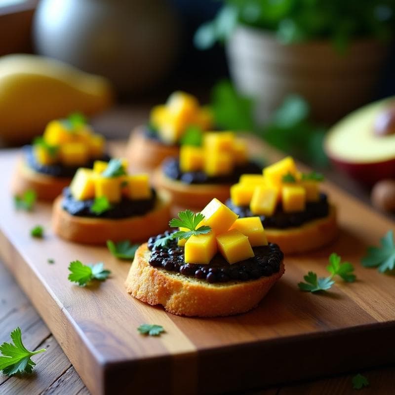 Crostini de Pan de Maíz con Puré de Frijoles Negros y Mango: Aperitivo Colombiano Sin Gluten