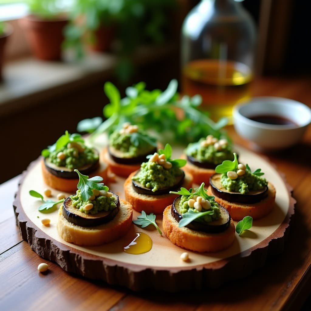 Crostini de Pan de Almendra con Berenjena Asada y Pesto de Rúcula: Aperitivo Italiano Keto