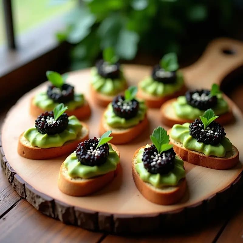 Crostini de Pan de Almendra con Crema de Aguacate y Caviar de Berenjena: Aperitivo Vegano Gourmet