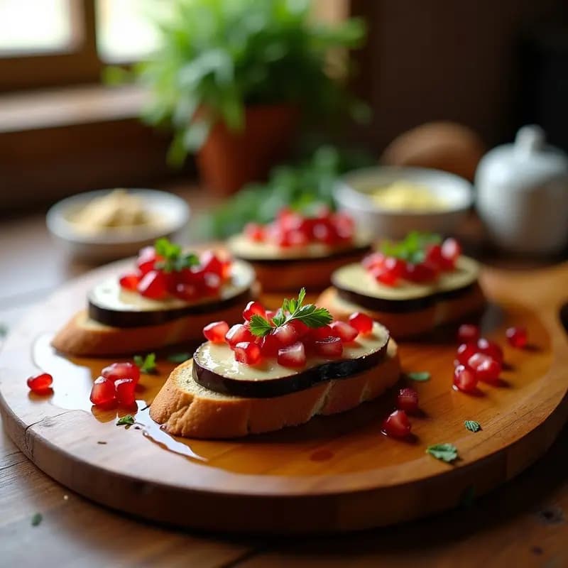Crostini de Pan de Almendra con Puré de Berenjena y Granado: Entrante Persa Sin Gluten
