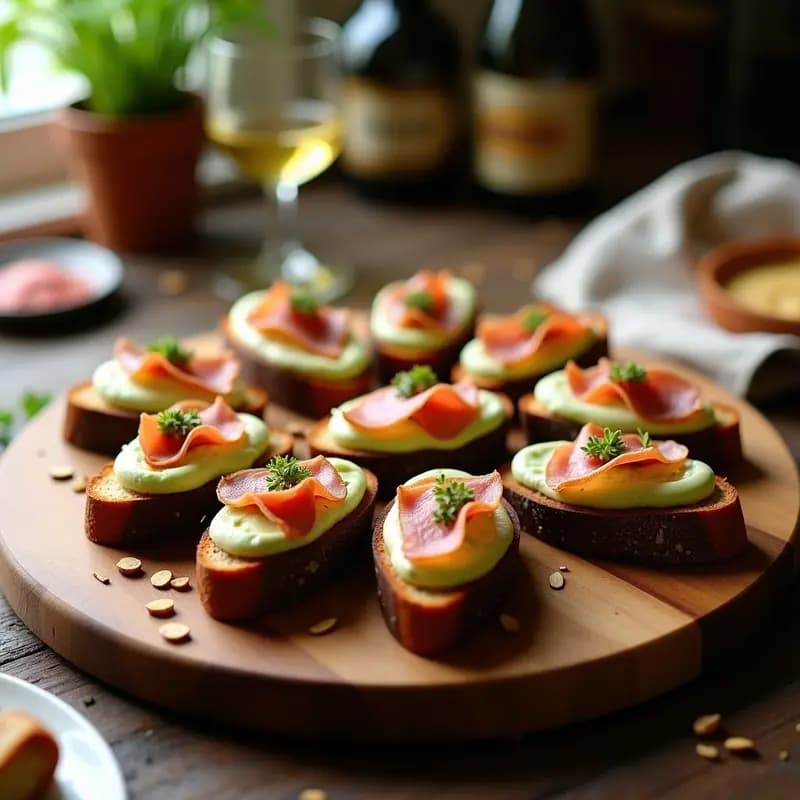 Crostini de Pan de Centeno con Crema de Alcachofa y Jamón Serrano: Aperitivo Español Gourmet