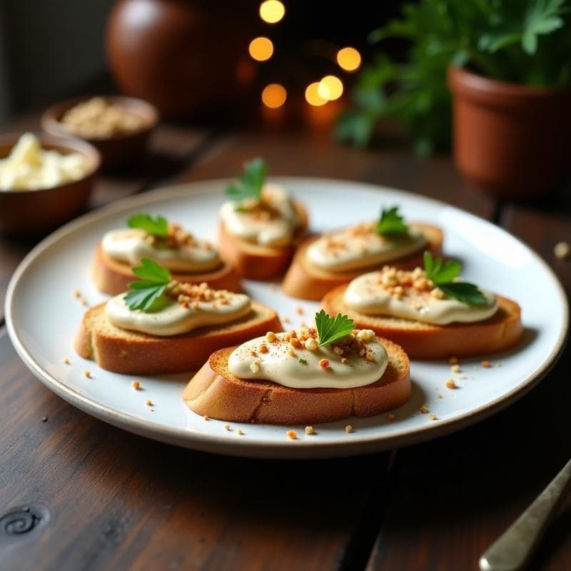 Crostini de Pan de Centeno con Crema de Apio y Nueces: Aperitivo Crujiente Sin Lácteos