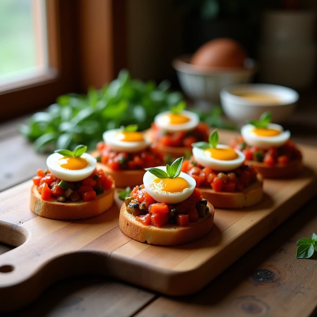 Crostini de Pan de Centeno con Pisto y Huevos de Codorniz: Aperitivo Español sin Gluten