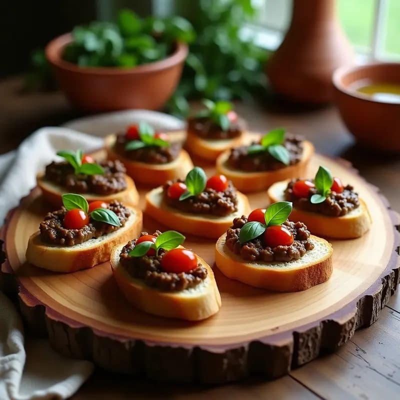 Crostini de Pan de Espelta con Paté de Aceitunas Kalamata y Tomate Seco: Entrante Italiano Gourmet