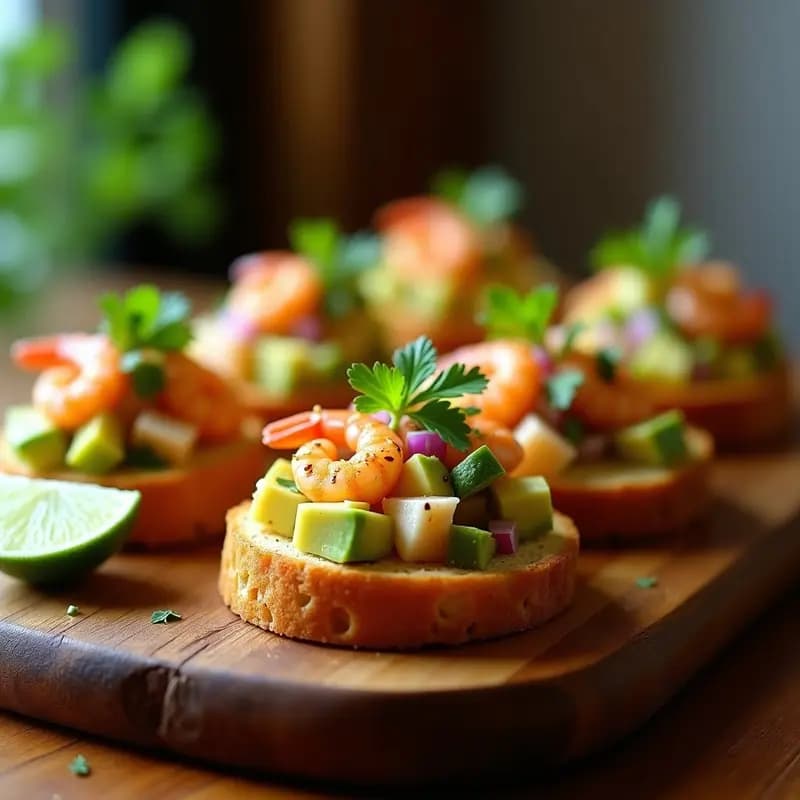 Crostini de Pan de Maíz con Ceviche de Camarón y Aguacate: Aperitivo Peruano-Mexicano en 15 Minutos