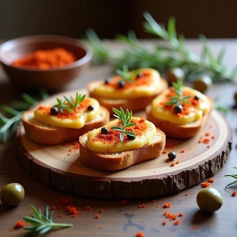 Crostini de Pan de Piparra con Brandada de Bacalao y Pimentón de la Vera: Aperitivo Español Gourmet