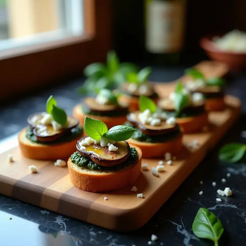 Crostini de Champiñones Portobello y Pesto de Albahaca Negra: Aperitivo Italiano Gourmet