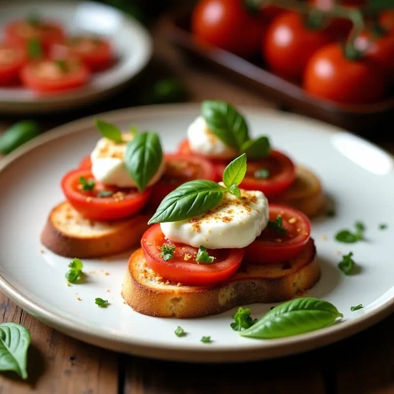 Crostini de Tomate Confitado y Burrata: Aperitivo Italiano con Toque Mediterráneo en 10 Minutos