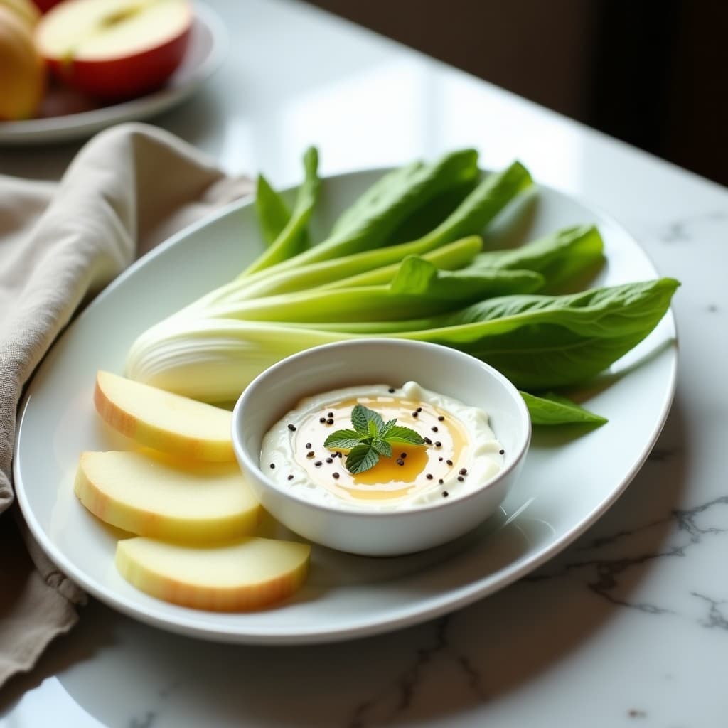 Crudités de Endibia y Manzana con Dip de Queso de Anacardos y Miel de Agrimonia: Entrante Francés Sin Lácteos