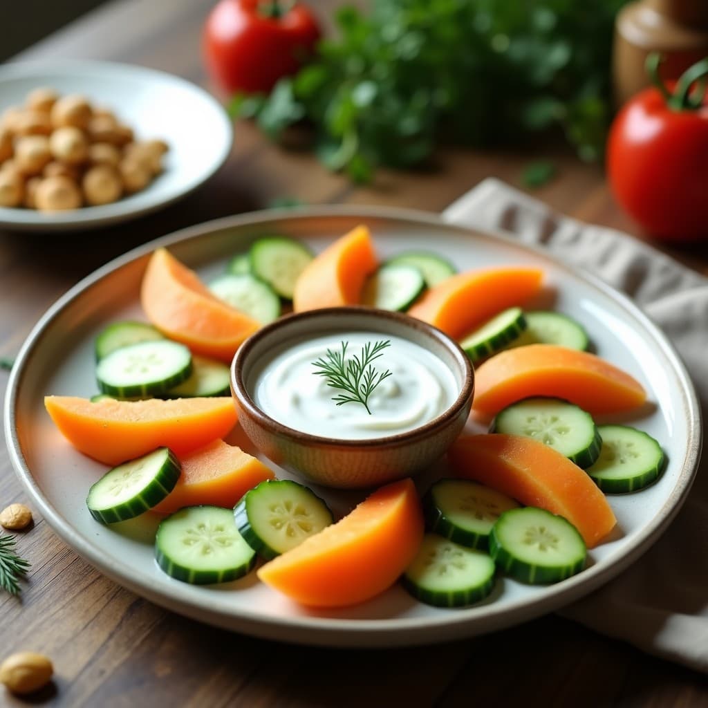 Crudités de Pepino Melón y Dip de Yogur de Soja con Eneldo: Entrante Iraní Vegano