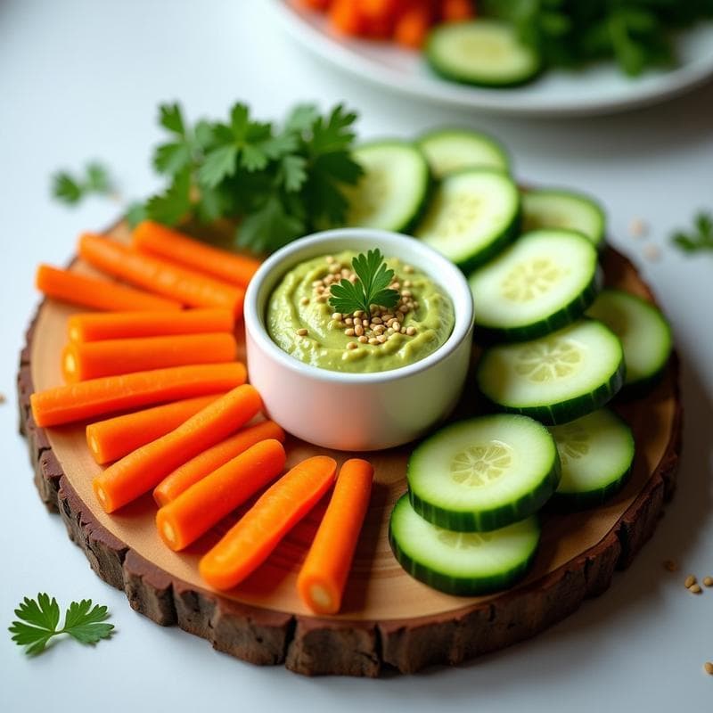 Crudités de Zanahoria y Pepino con Dip de Aguacate y Cilantro: Entrante Vegano y Crudivegano