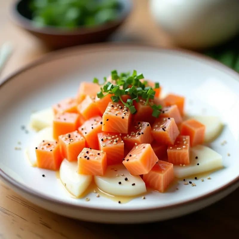Crudos de Salmón con Vinagreta de Miso Blanco y Rábanos Daikon: Receta Japonesa Keto en 10 Minutos