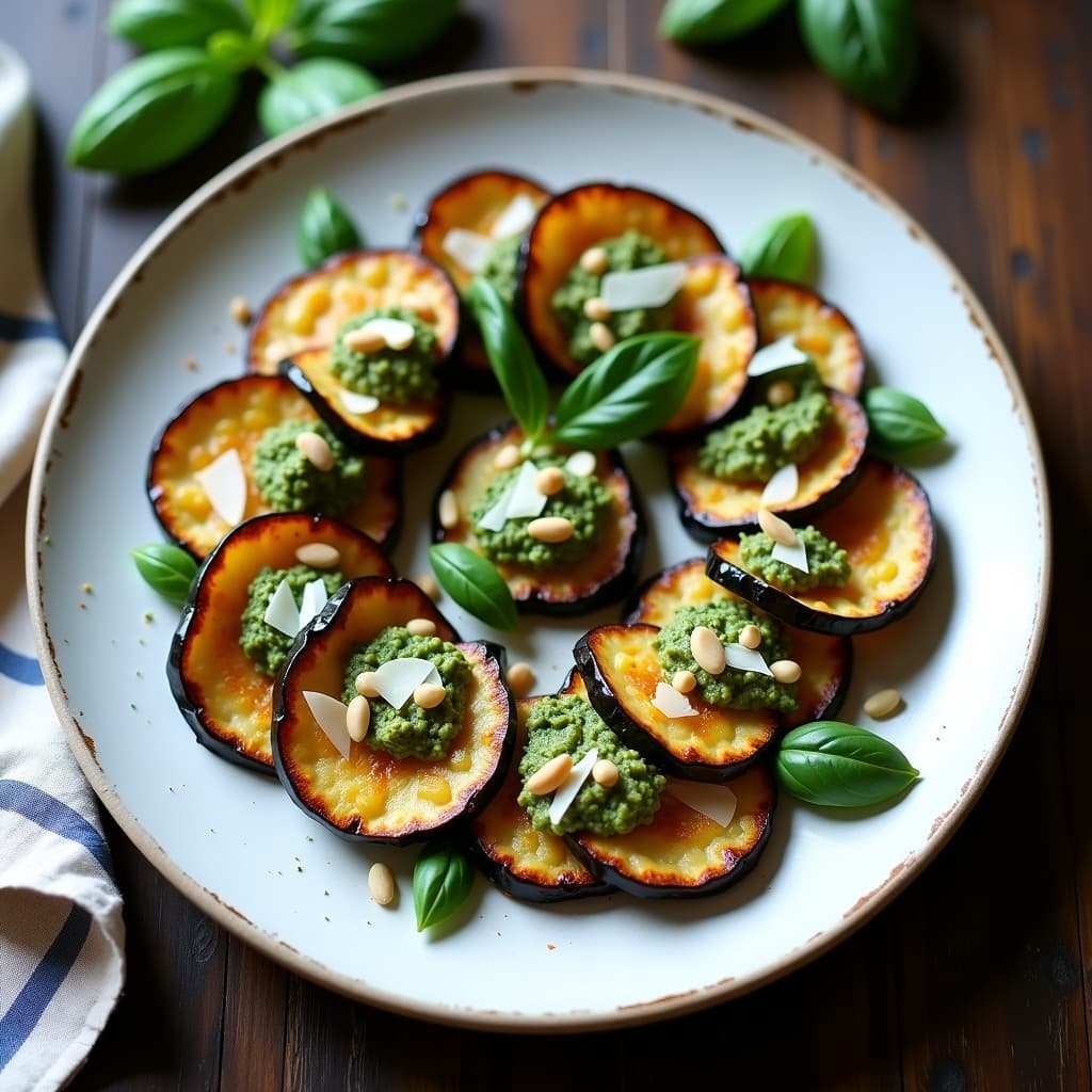 Crujientes de Berenjena al Pesto de Albahaca y Piñones: Entrante Italiano Keto